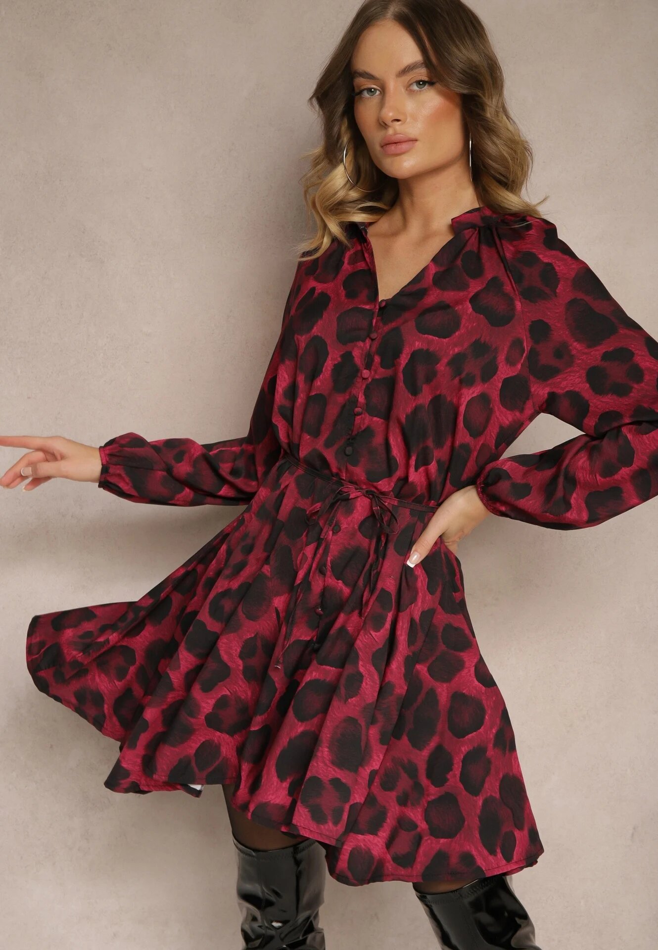 lovery Rochie Bordeaux cu imprimeu leopard croi evazat cu legătură în talie Ameriana