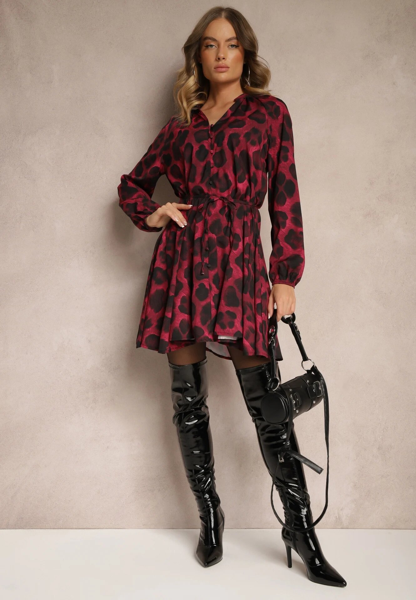 lovery Rochie Bordeaux cu imprimeu leopard croi evazat cu legătură în talie Ameriana