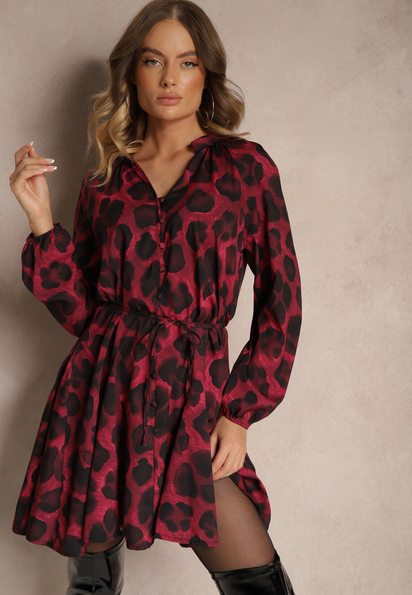 lovery Rochie Bordeaux cu imprimeu leopard croi evazat cu legătură în talie Ameriana