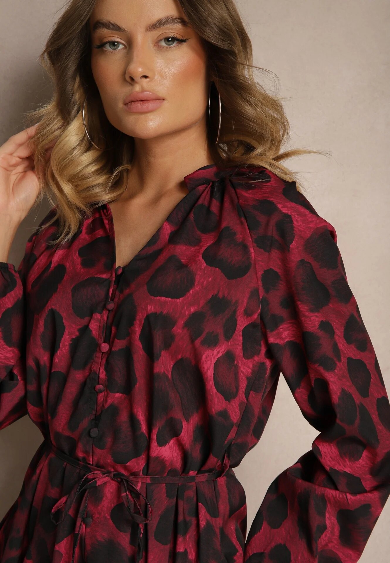 lovery Rochie Bordeaux cu imprimeu leopard croi evazat cu legătură în talie Ameriana
