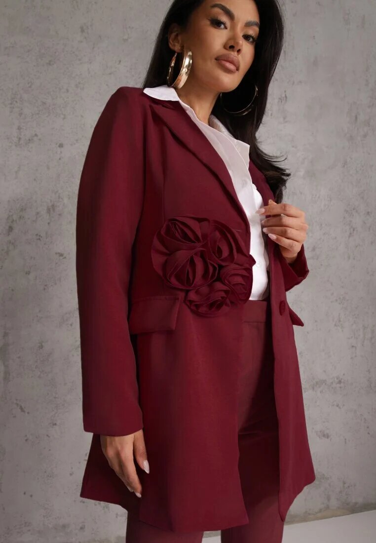 lovery Rochie Bordo în stil sacou cu umeri întăriți decorată cu flori 3D Nelorien