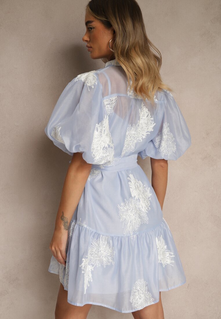 lovery Rochie cămașă Albastru deschis din bumbac Decorată cu centură și broderii Lirine