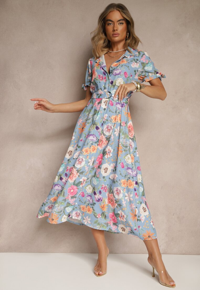 lovery Rochie Cămașă Albastru deschis Florală Croi Cloș cu Cordon Fevalirra