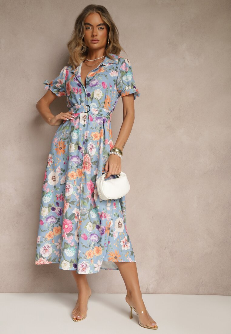 lovery Rochie Cămașă Albastru deschis Florală Croi Cloș cu Cordon Fevalirra