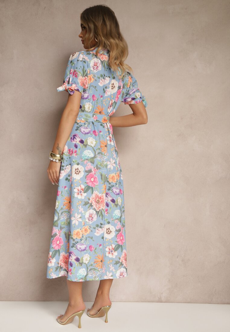 lovery Rochie Cămașă Albastru deschis Florală Croi Cloș cu Cordon Fevalirra