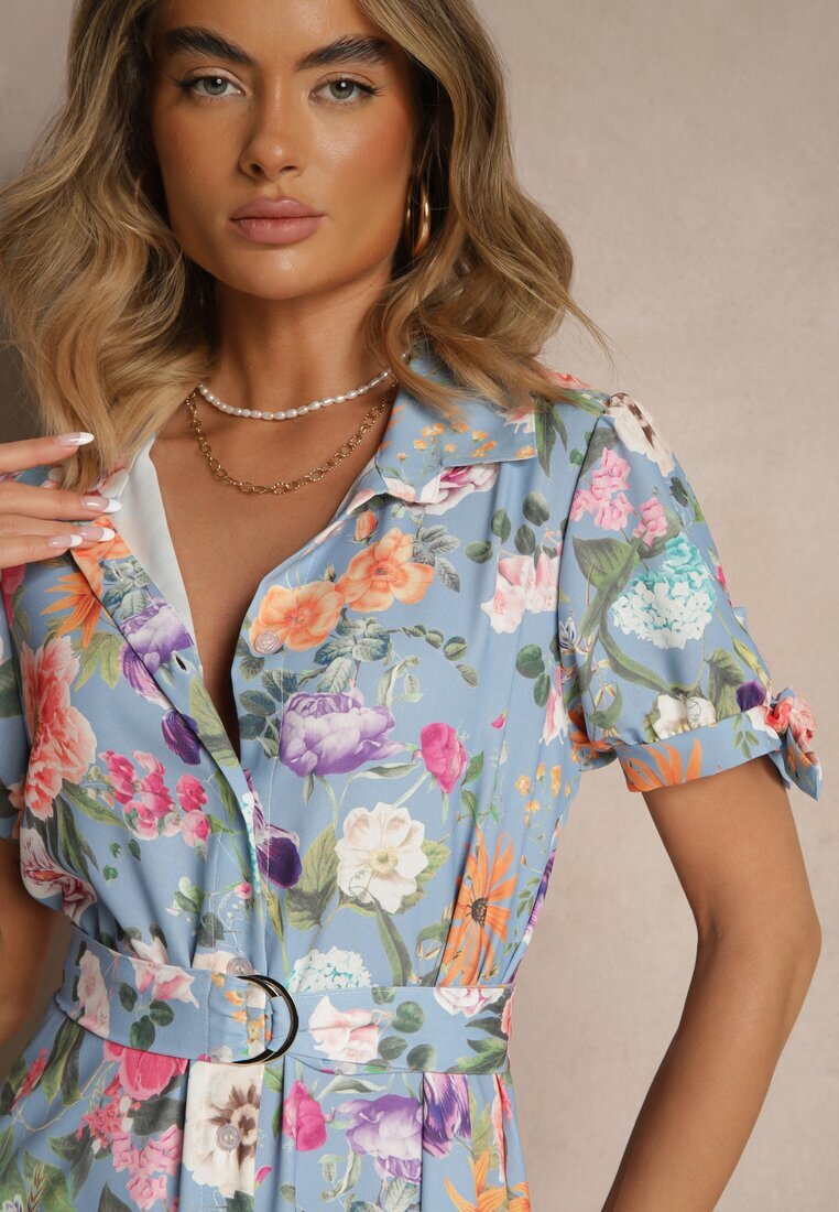 lovery Rochie Cămașă Albastru deschis Florală Croi Cloș cu Cordon Fevalirra