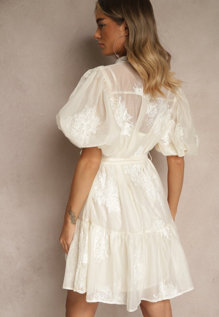 lovery Rochie Cămașă Bej cu Bumbac Decorată cu Cordon și Broderii Lirine