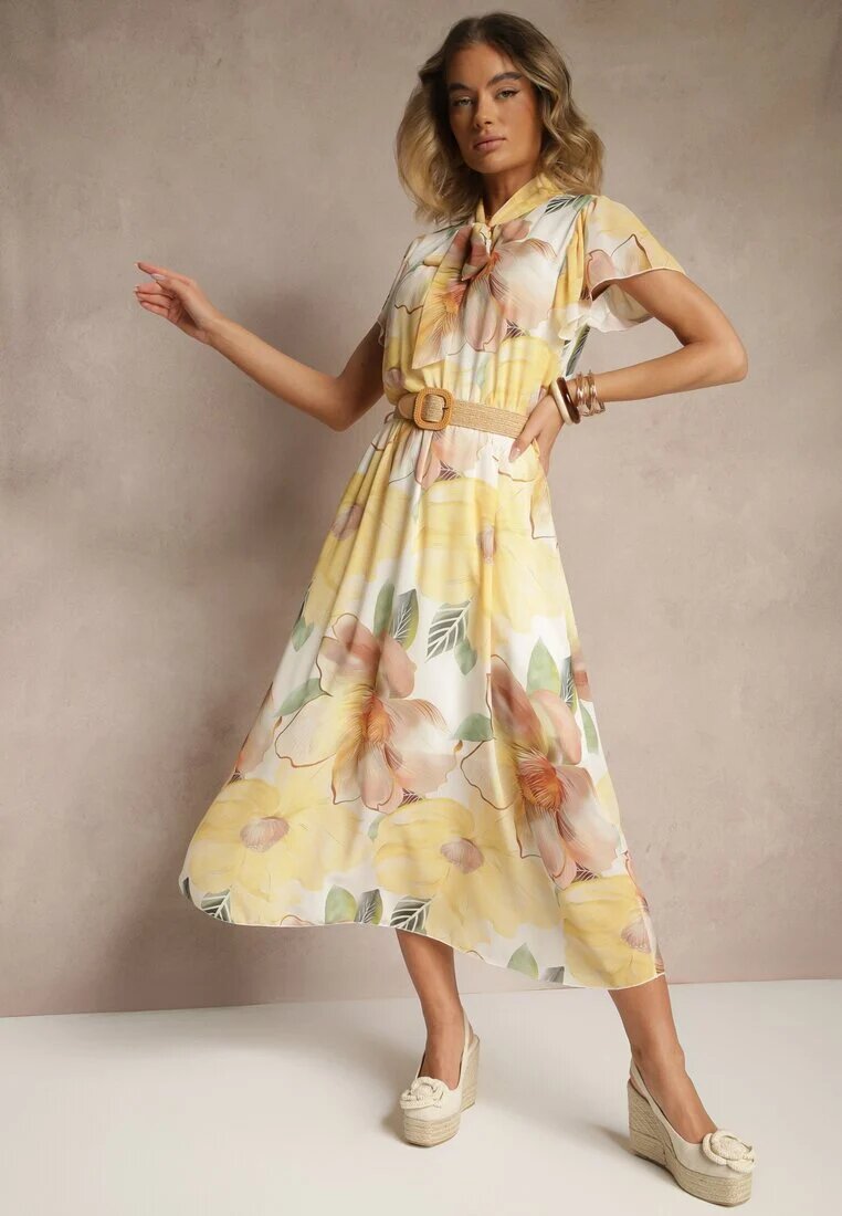 lovery Rochie cloche galbenă decorată cu șiret și curea cu cataramă Sorisse