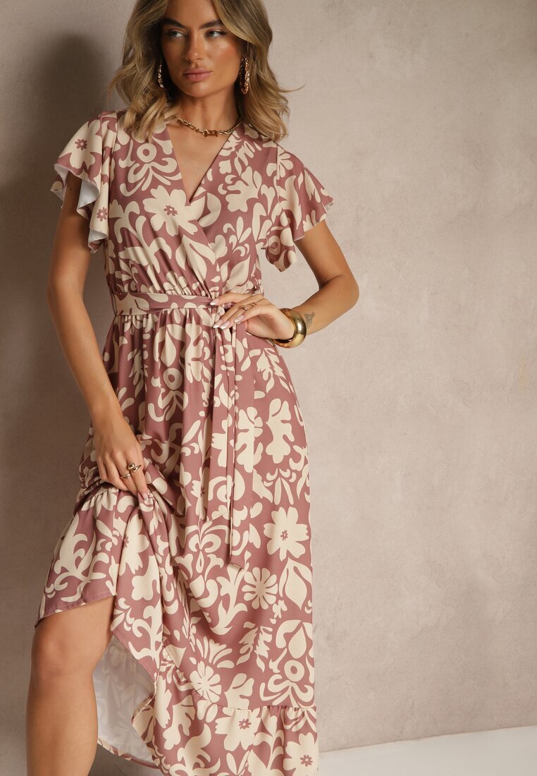 lovery Rochie Cloș Bej închis cu Imprimeu Floral cu Centură Niloreia
