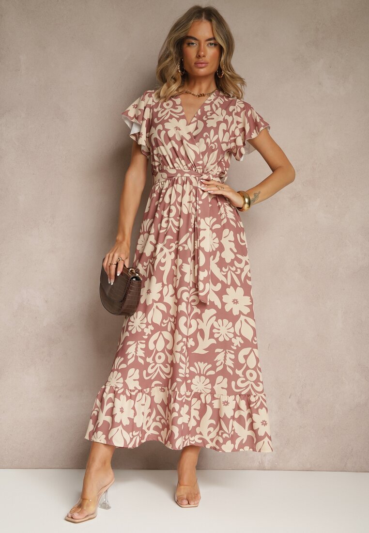 lovery Rochie Cloș Bej închis cu Imprimeu Floral cu Centură Niloreia