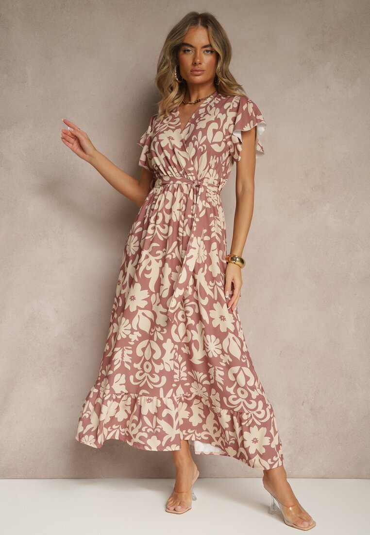 lovery Rochie Cloș Bej închis cu Imprimeu Floral cu Centură Niloreia