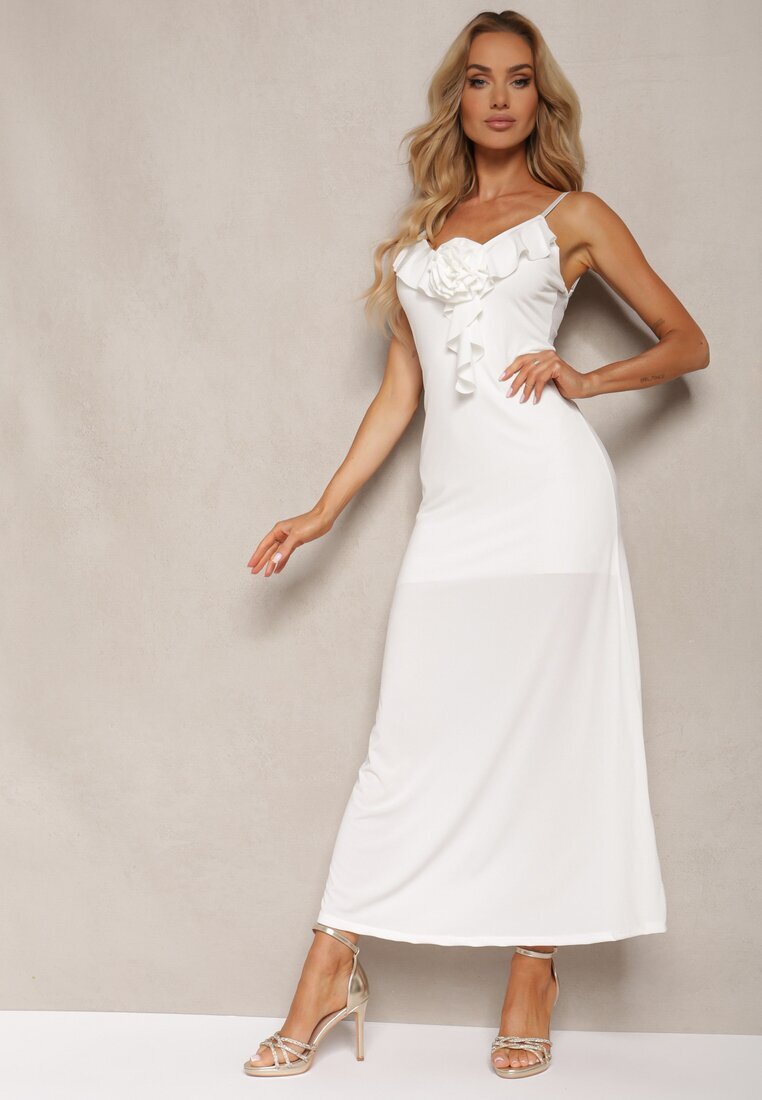 lovery Rochie de cocktail Albă cu croială ajustată cu broșă decorativă în formă de floare și volan Vikassa