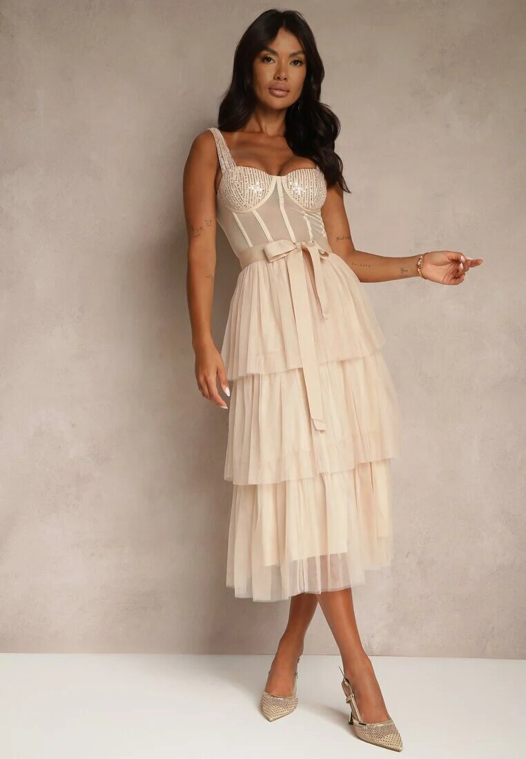 lovery Rochie de cocktail bej cu bretele decorată cu paiete volane și fundă Inalisa