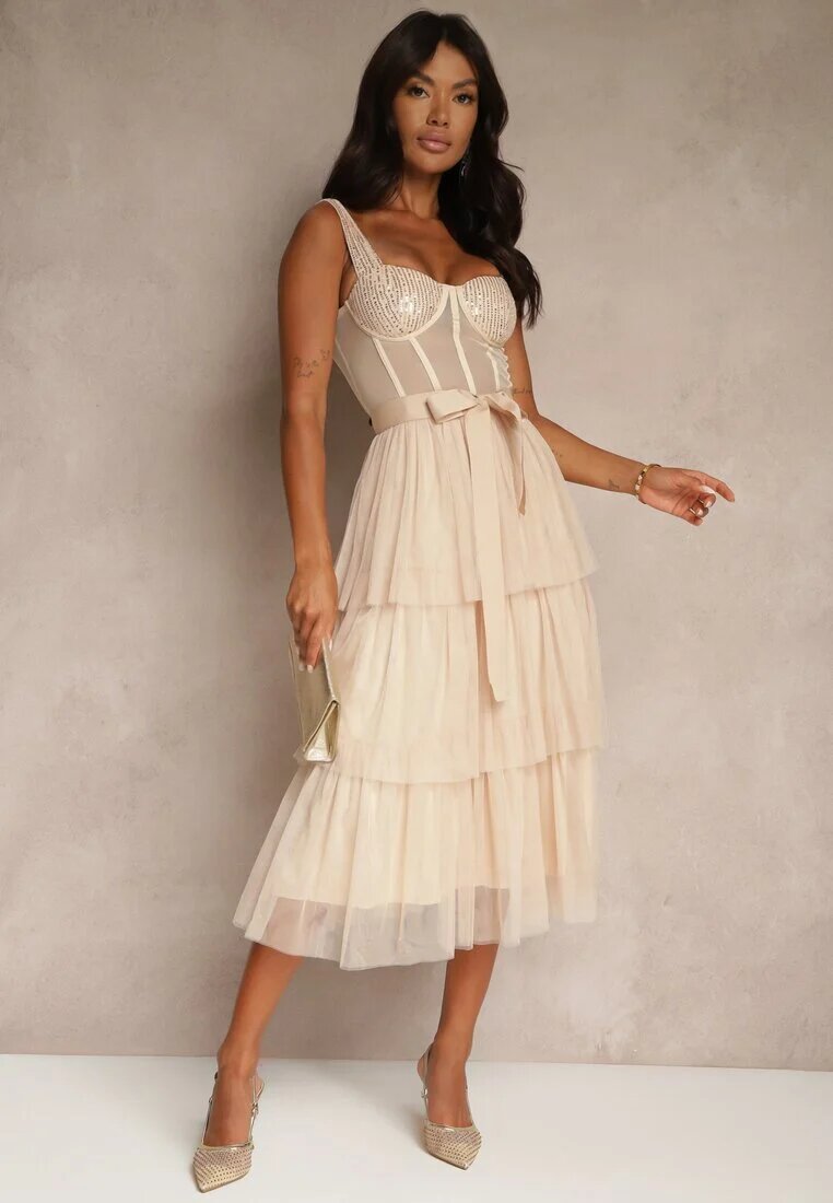 lovery Rochie de cocktail bej cu bretele decorată cu paiete volane și fundă Inalisa