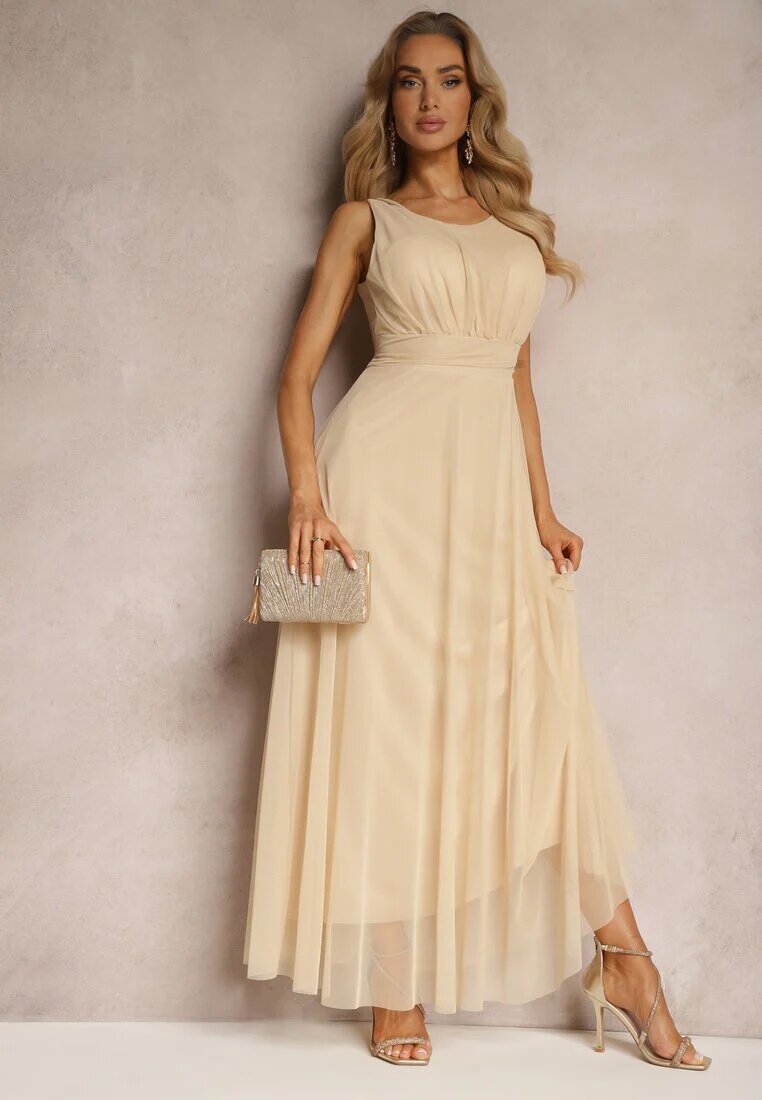 lovery Rochie de cocktail Bej cu fustă din tul Fără mâneci Elastar