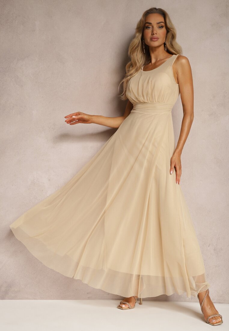 lovery Rochie de cocktail Bej cu fustă din tul Fără mâneci Elastar