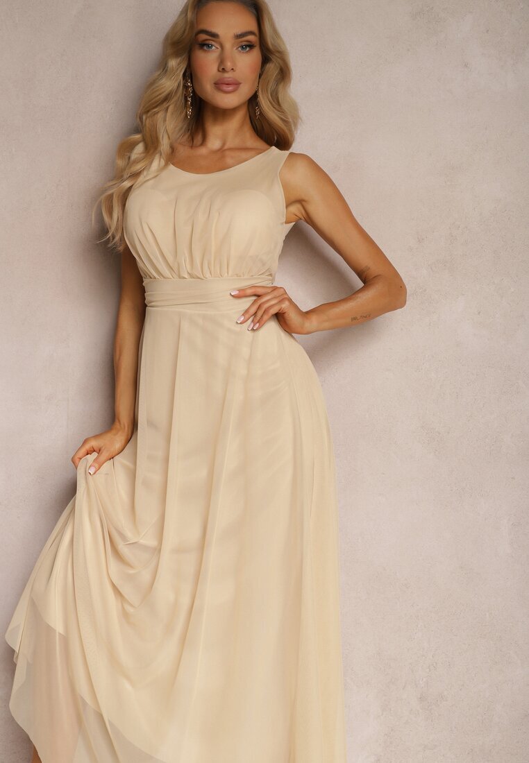 lovery Rochie de cocktail Bej cu fustă din tul Fără mâneci Elastar