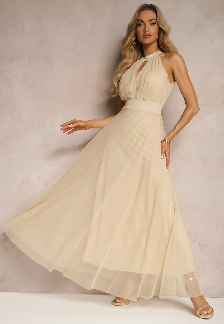 lovery Rochie de cocktail Bej cu plasă legată cu o curea din material textil cu guler înalt Nestassi