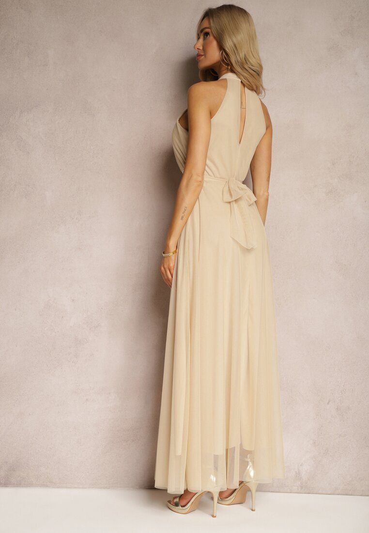 lovery Rochie de cocktail Bej cu plasă legată cu o curea din material textil cu guler înalt Nestassi