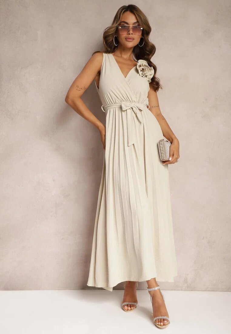 lovery Rochie de Cocktail Bej Plisată cu Broșă Florală Curea și Bandă Elastică în Talie Viknna