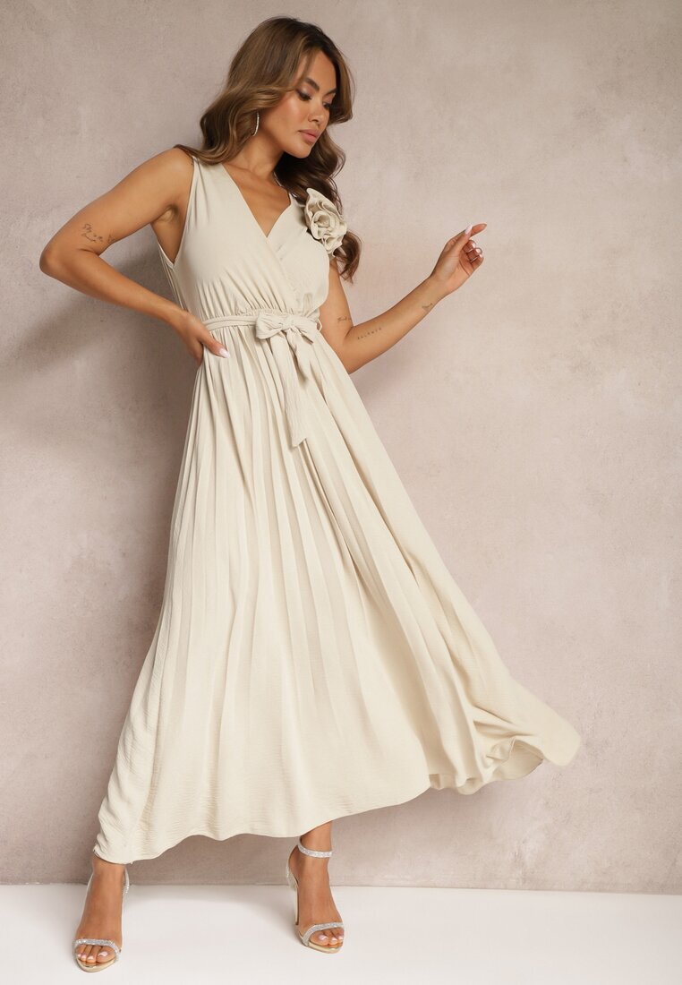 lovery Rochie de Cocktail Bej Plisată cu Broșă Florală Curea și Bandă Elastică în Talie Viknna