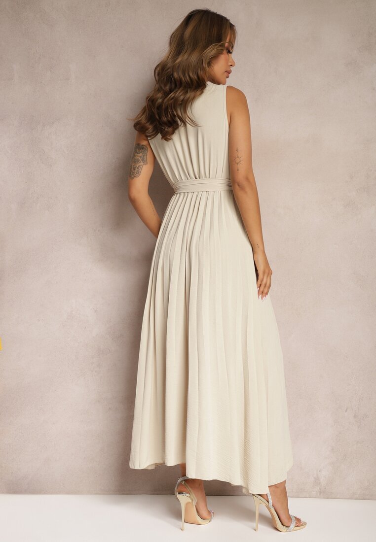 lovery Rochie de Cocktail Bej Plisată cu Broșă Florală Curea și Bandă Elastică în Talie Viknna