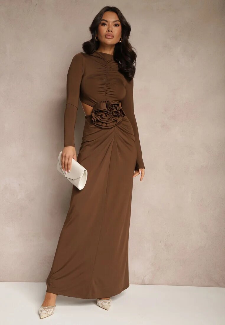 lovery Rochie De Cocktail Maro din Viscoză Decorată cu Floare 3D și Decupaje Hannith