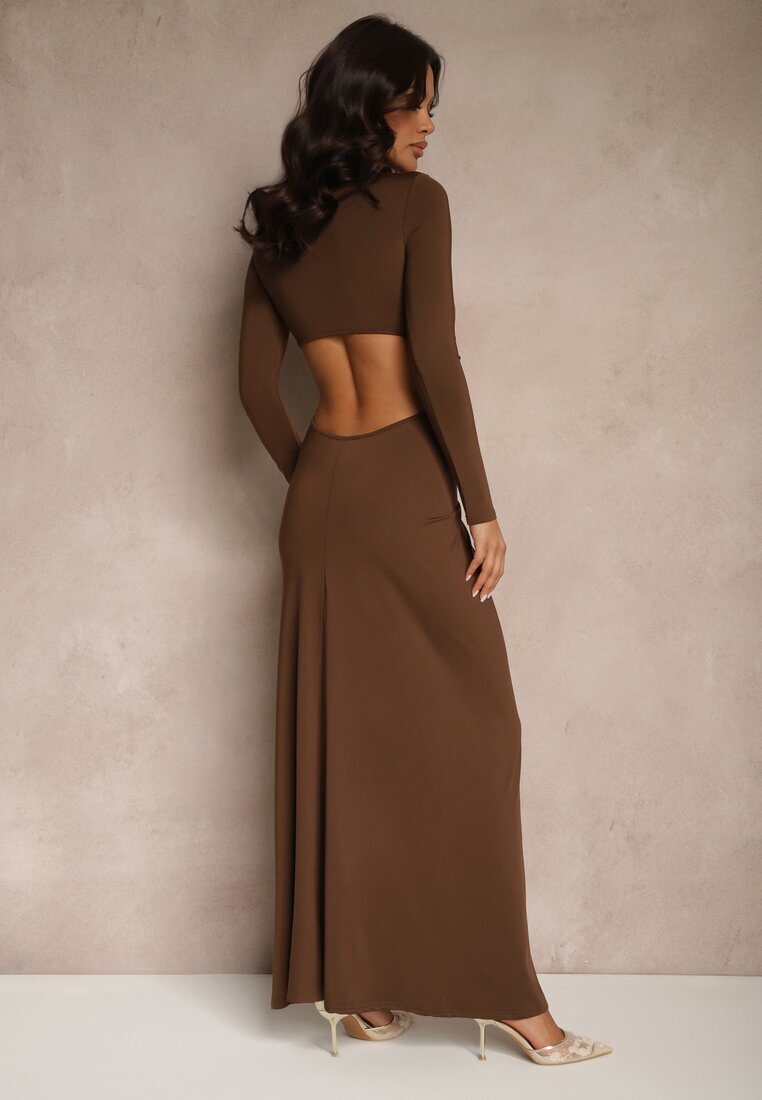 lovery Rochie De Cocktail Maro din Viscoză Decorată cu Floare 3D și Decupaje Hannith