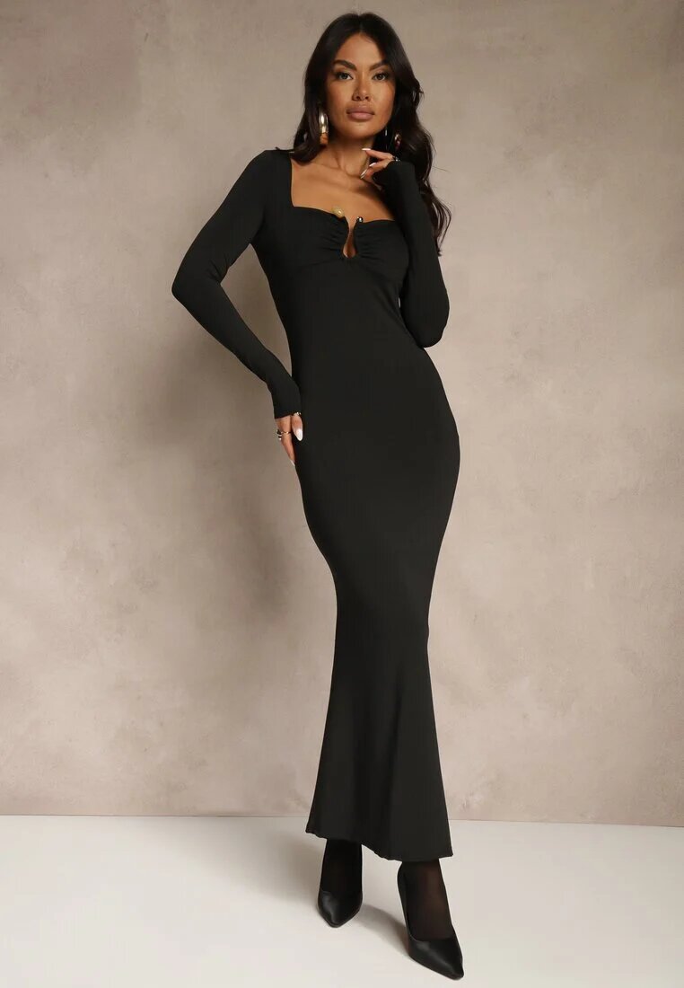 lovery Rochie de cocktail neagră cu vâscoză decorată cu aplicație metalică Refane