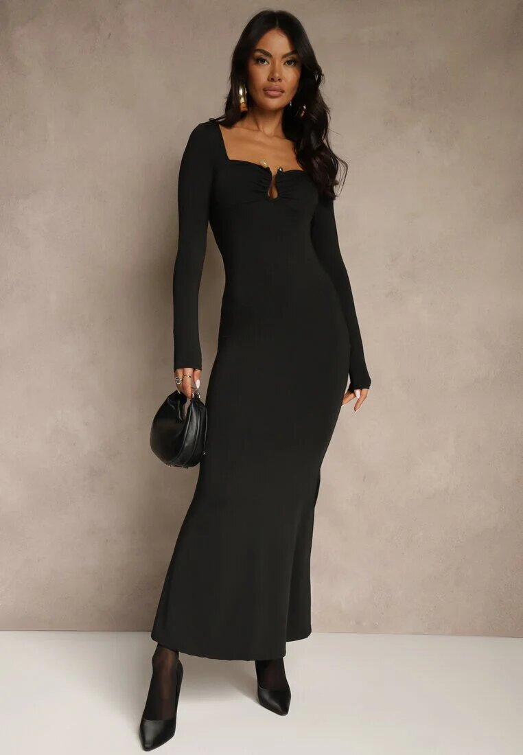 lovery Rochie de cocktail neagră cu vâscoză decorată cu aplicație metalică Refane