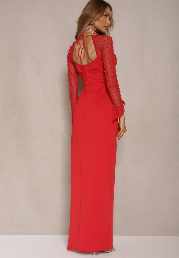 lovery Rochie de cocktail Roșie cu perle pe mâneci din plasă Inarette