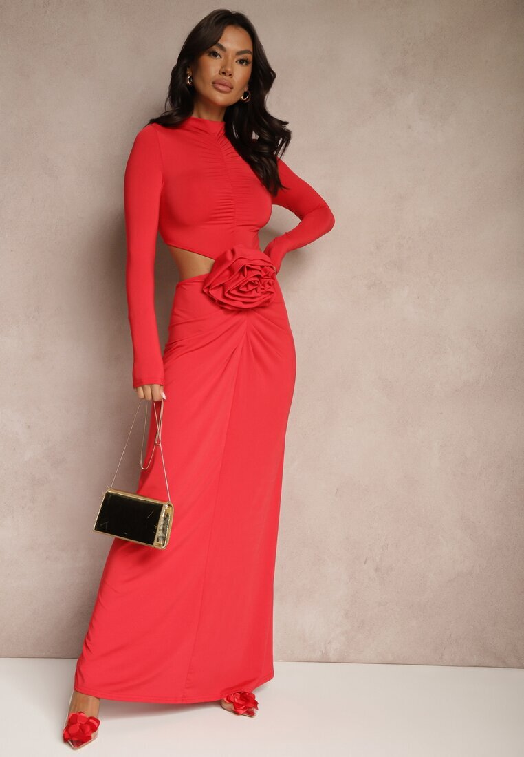 lovery Rochie de cocktail Roșie cu Vâscoză Decorată cu Floare 3D și Decupaje Hannith