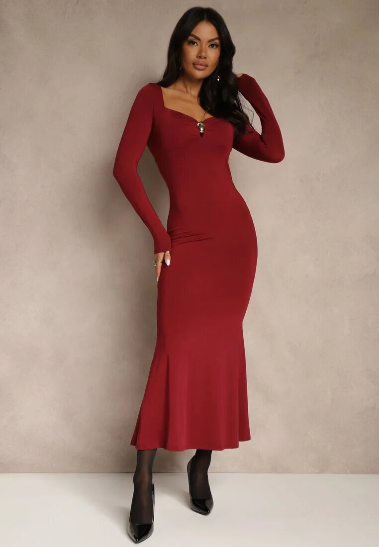 lovery Rochie de Cocktail Visinie cu Vâscoză și Cataramă Metalică la Decolteu Refire