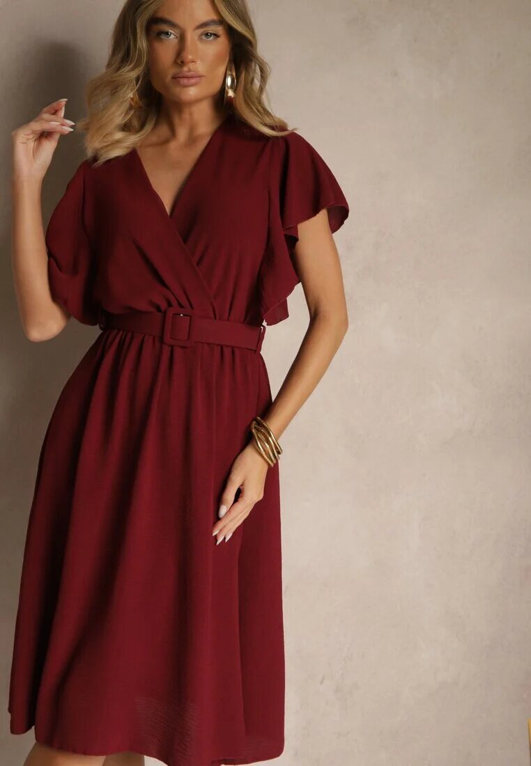lovery Rochie Evazată Bordo cu curea și decolteu petrecut Brinnea