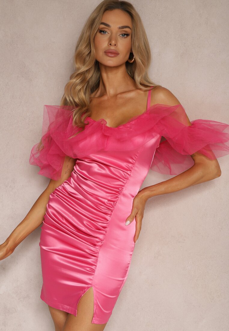 lovery Rochie Fucsia de satin cu volane de tul și încrețitură pe bretele Tinamell
