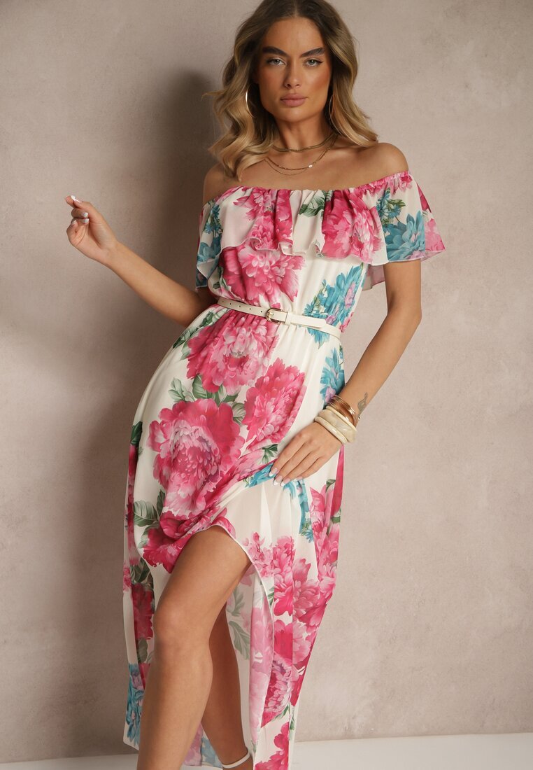 lovery Rochie Fucsia Spaniolă cu Imprimeu Floral și Curea Împletită Sadeene