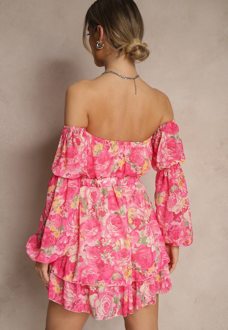 lovery Rochie Fucsia tip spaniolă din viscoză cu flori cu centură și volane Zelmoi