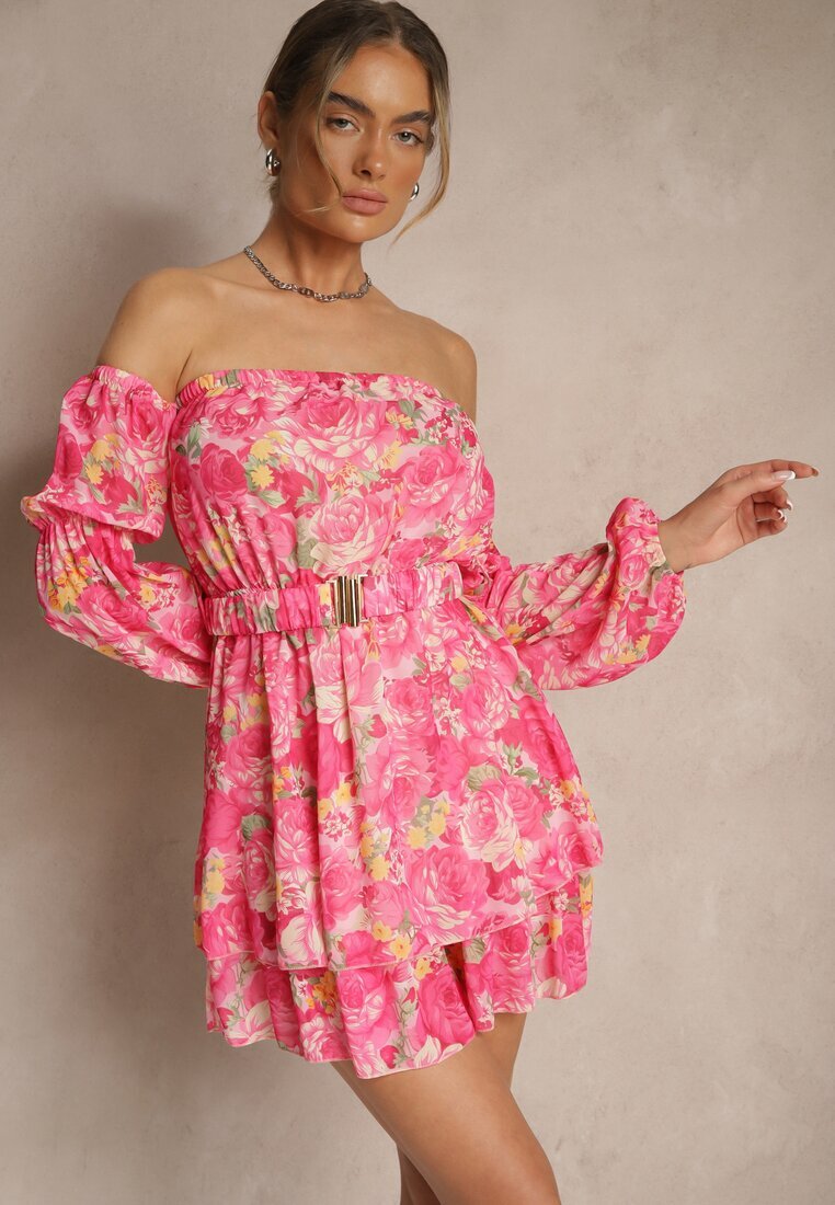 lovery Rochie Fucsia tip spaniolă din viscoză cu flori cu centură și volane Zelmoi
