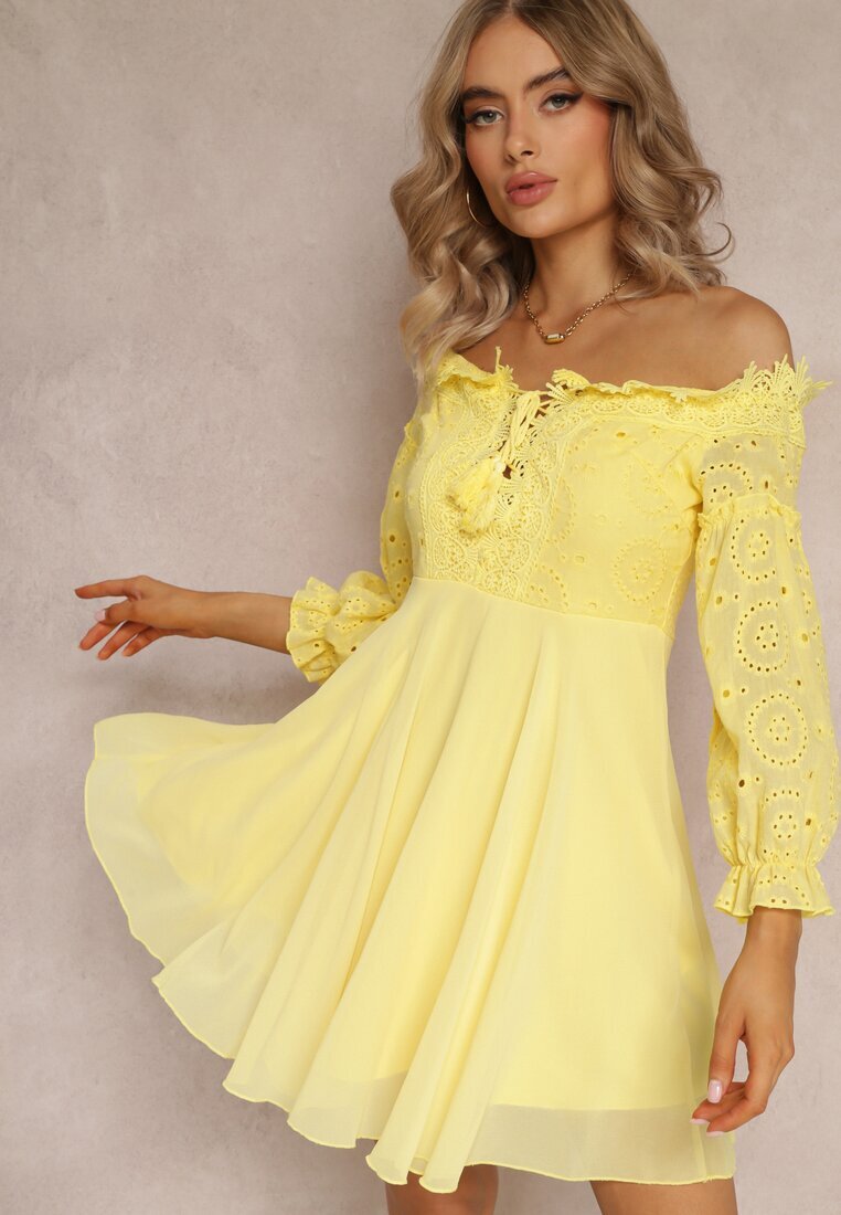 lovery Rochie Galbenă cu Mâneci 7/8 și Dantelă Decorativă Cascantha