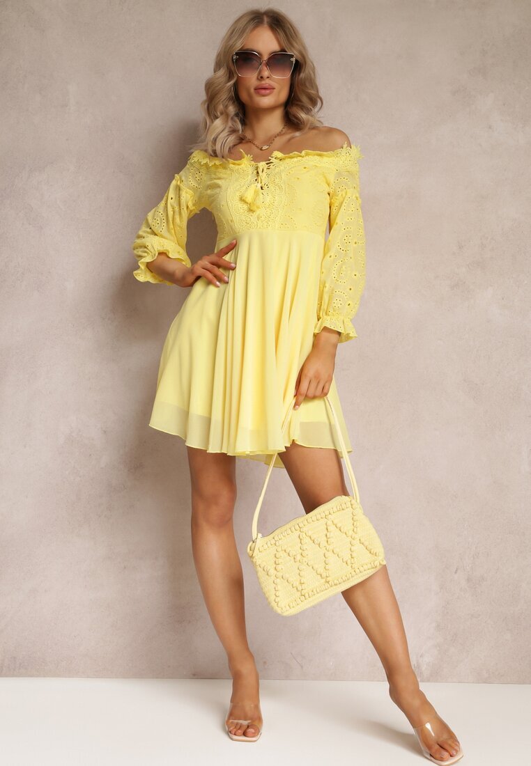 lovery Rochie Galbenă cu Mâneci 7/8 și Dantelă Decorativă Cascantha