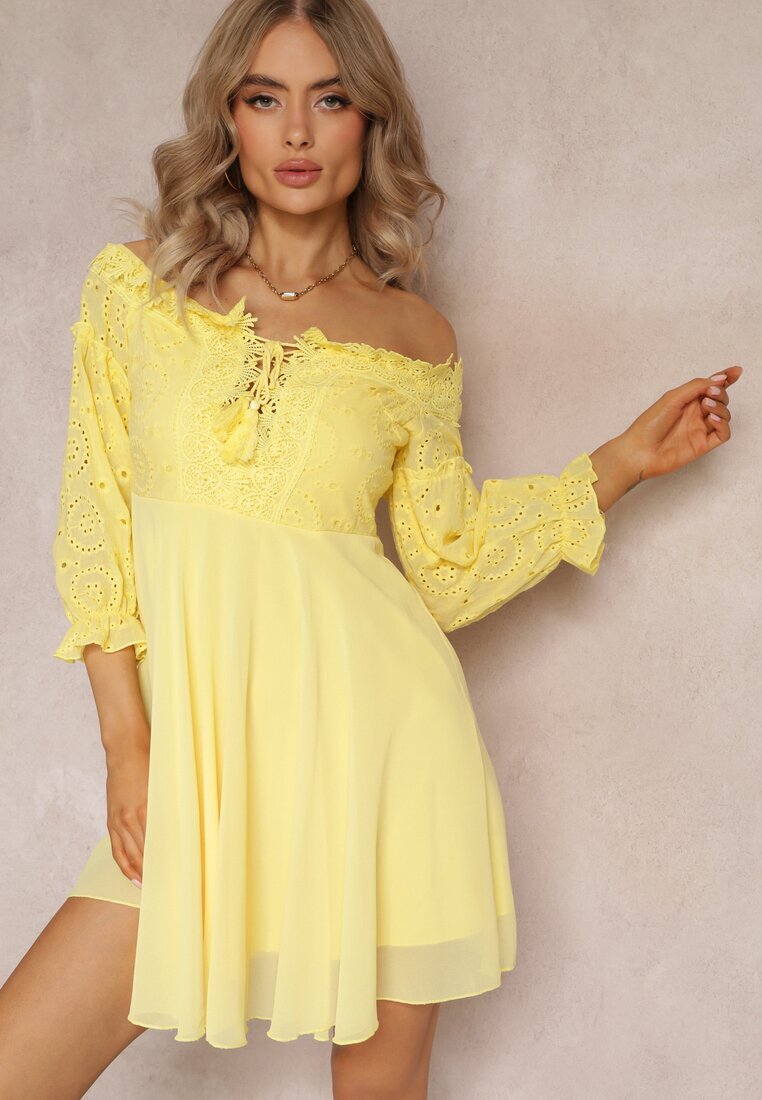 lovery Rochie Galbenă cu Mâneci 7/8 și Dantelă Decorativă Cascantha