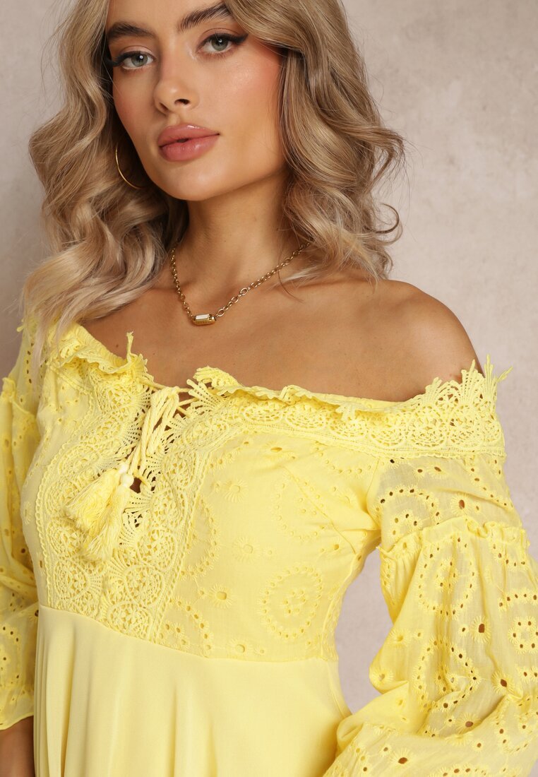 lovery Rochie Galbenă cu Mâneci 7/8 și Dantelă Decorativă Cascantha