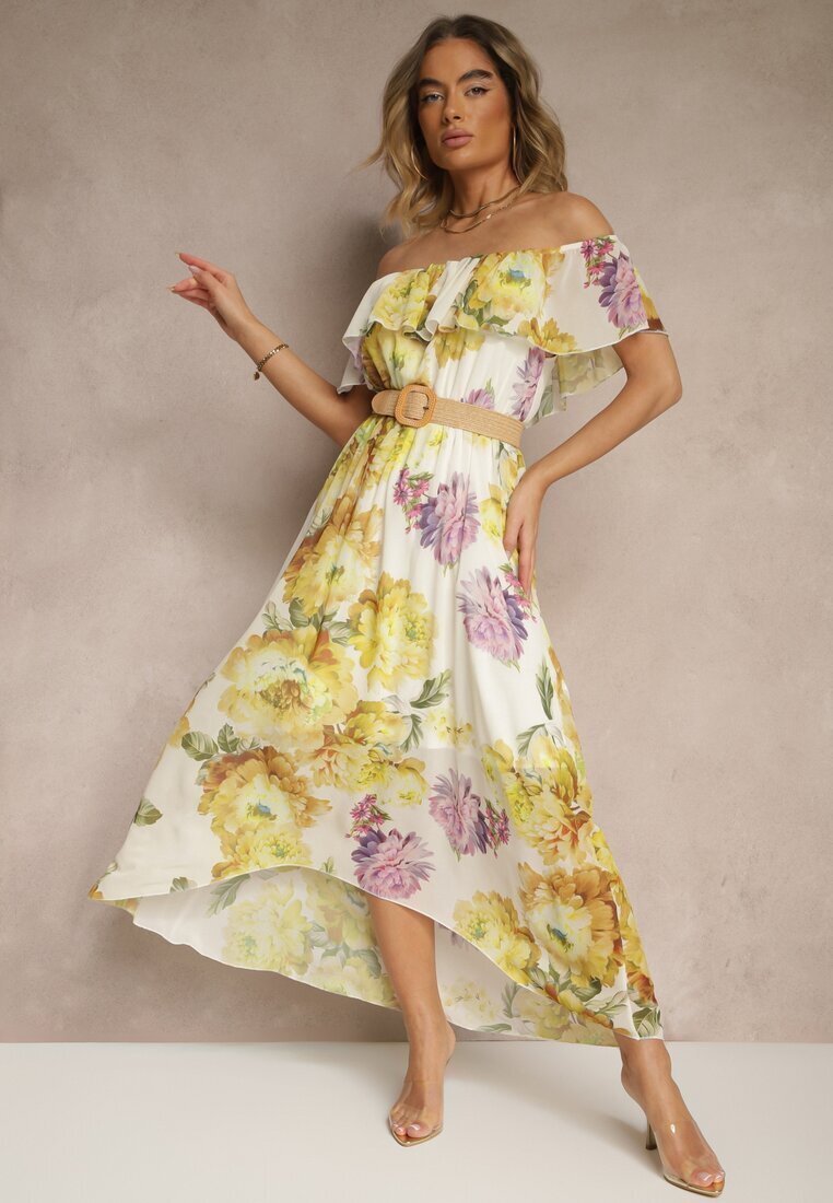 lovery Rochie Galbenă stil spaniol cu Model Floral și Curea Împletită Sadeene