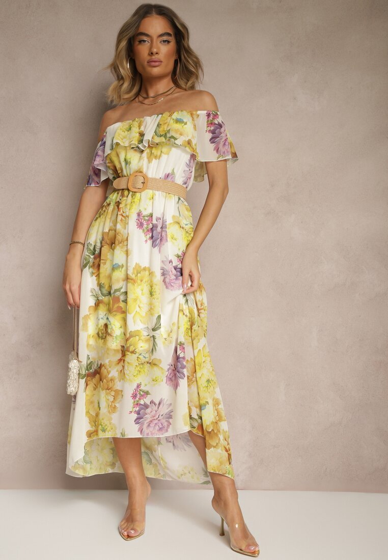 lovery Rochie Galbenă stil spaniol cu Model Floral și Curea Împletită Sadeene
