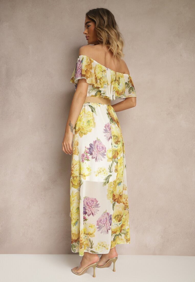 lovery Rochie Galbenă stil spaniol cu Model Floral și Curea Împletită Sadeene