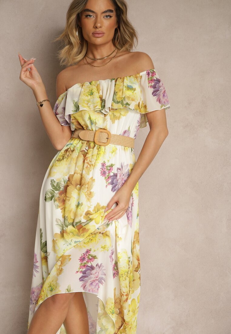 lovery Rochie Galbenă stil spaniol cu Model Floral și Curea Împletită Sadeene