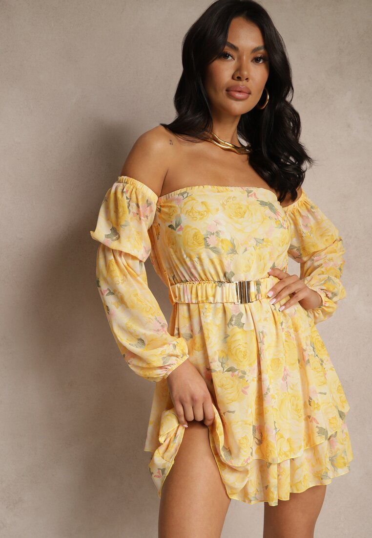 lovery Rochie Galbenă Stil Spaniolă din Vâscoză Florală cu Cordon și Volane Zelmoi