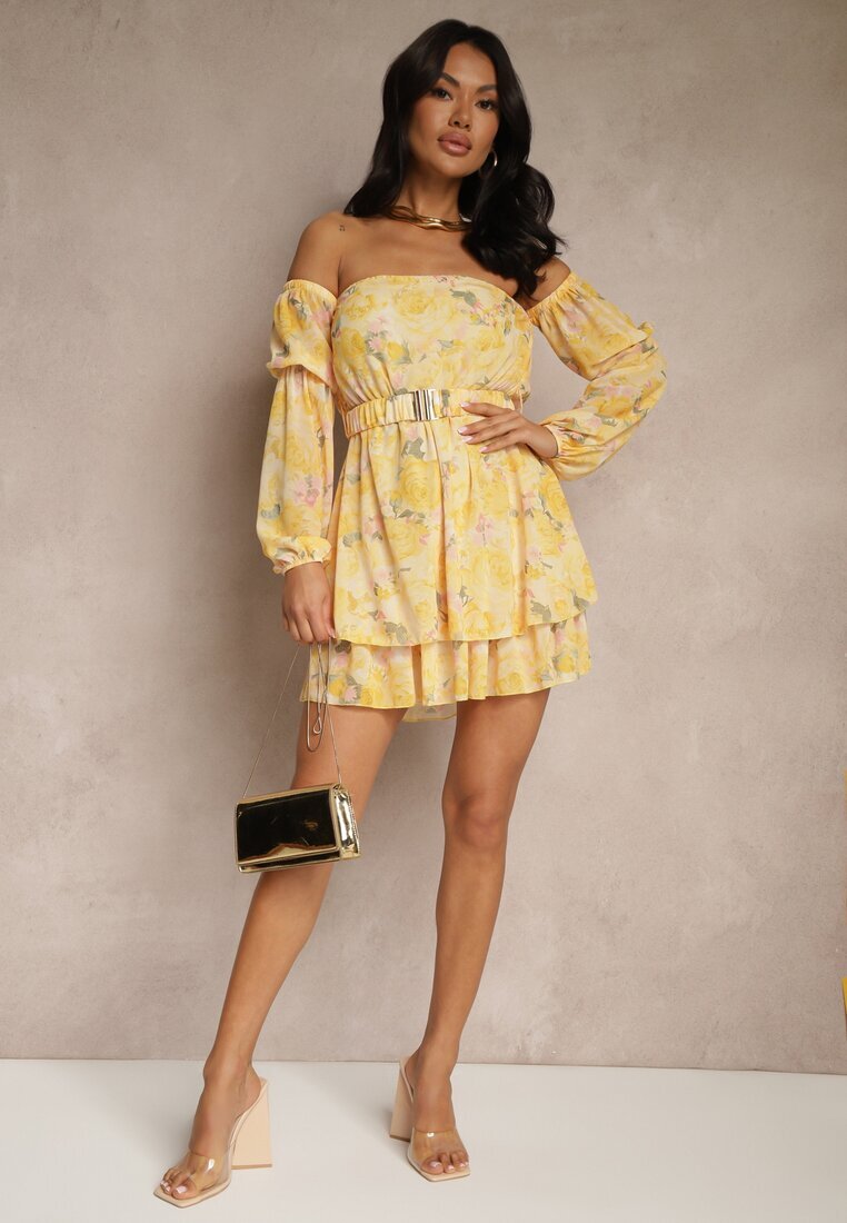 lovery Rochie Galbenă Stil Spaniolă din Vâscoză Florală cu Cordon și Volane Zelmoi