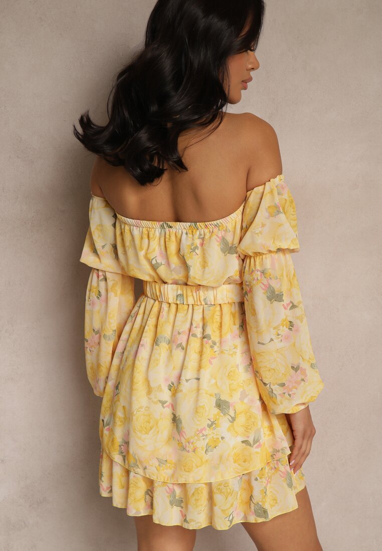 lovery Rochie Galbenă Stil Spaniolă din Vâscoză Florală cu Cordon și Volane Zelmoi