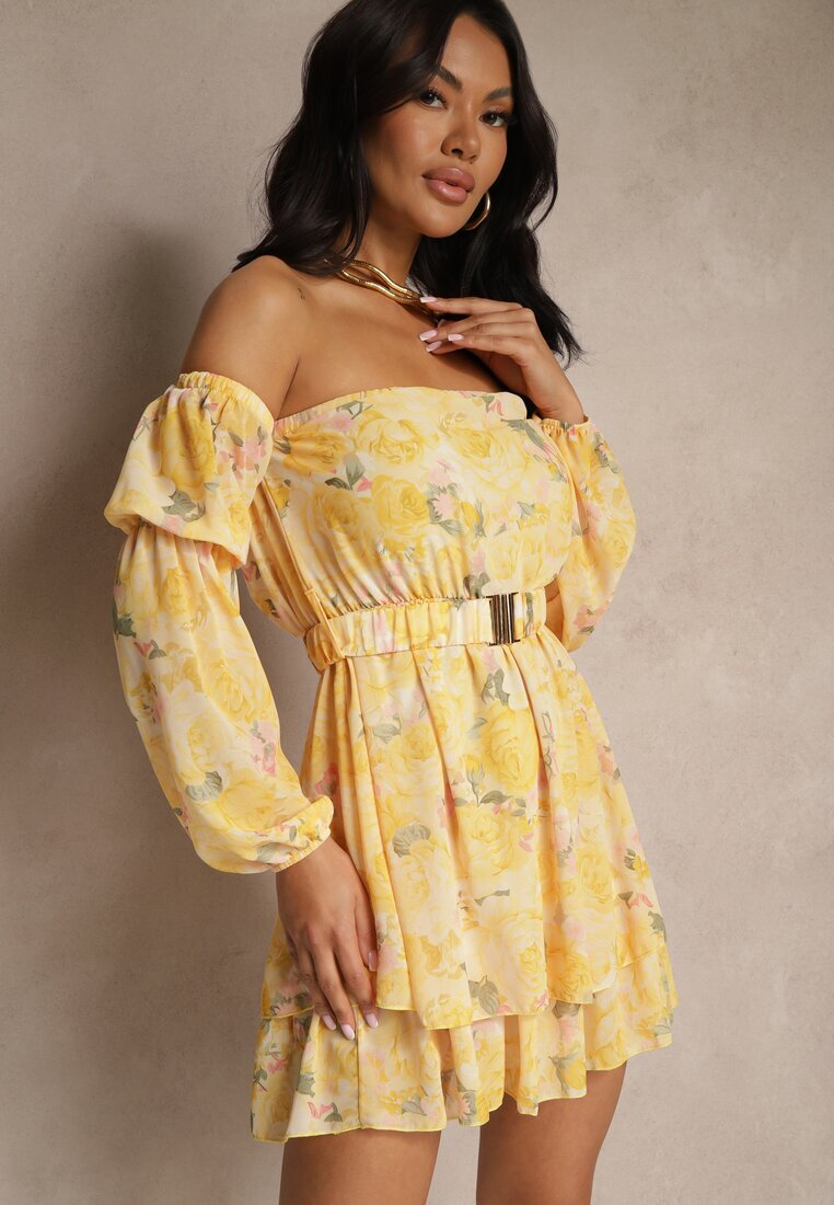 lovery Rochie Galbenă Stil Spaniolă din Vâscoză Florală cu Cordon și Volane Zelmoi
